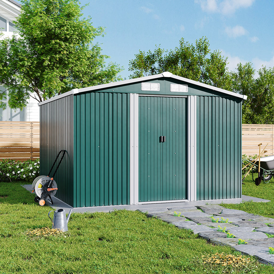 8x8ft Green Metal Garden Storage Shed With Gable Roof