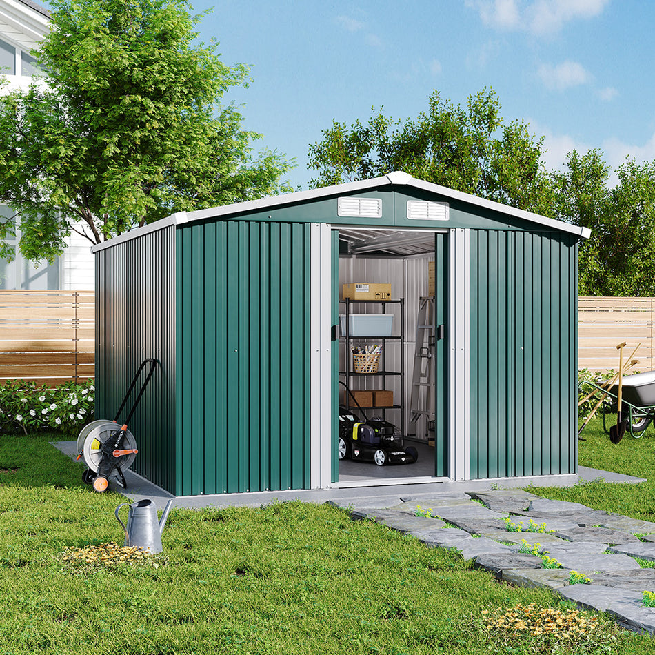 8x8ft Green Metal Garden Storage Shed With Gable Roof