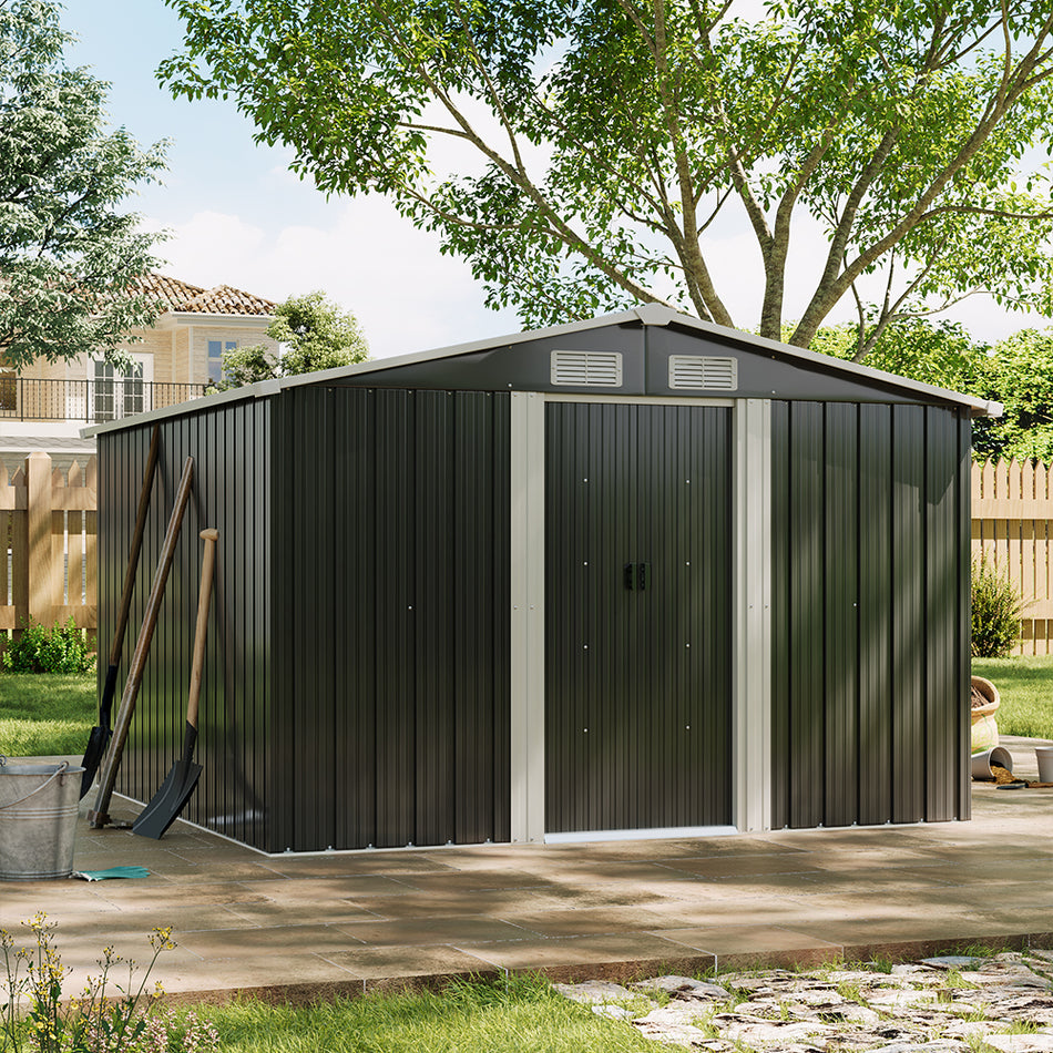 8x8ft Black Large Metal Garden Storage Shed With Gable Roof