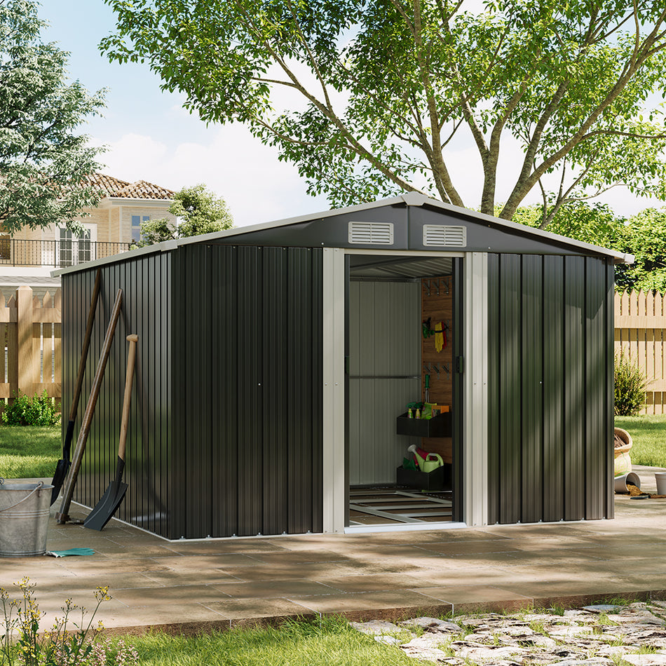 8x8ft Black Large Metal Garden Storage Shed With Gable Roof