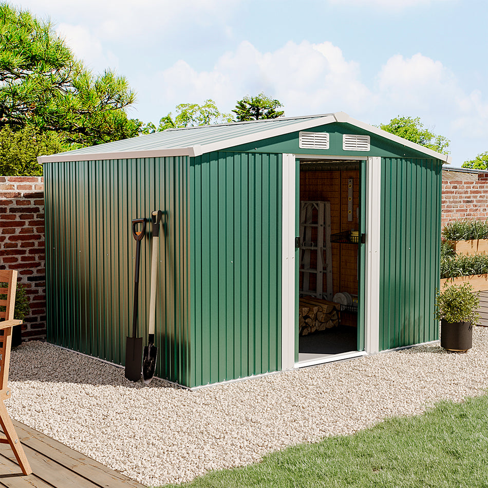 6x8ft Green Steel Garden Storage Shed with Gabled Roof Top
