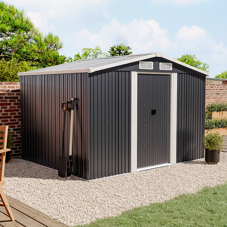 6x8ft Black Steel Garden Storage Shed with Gabled Roof Top