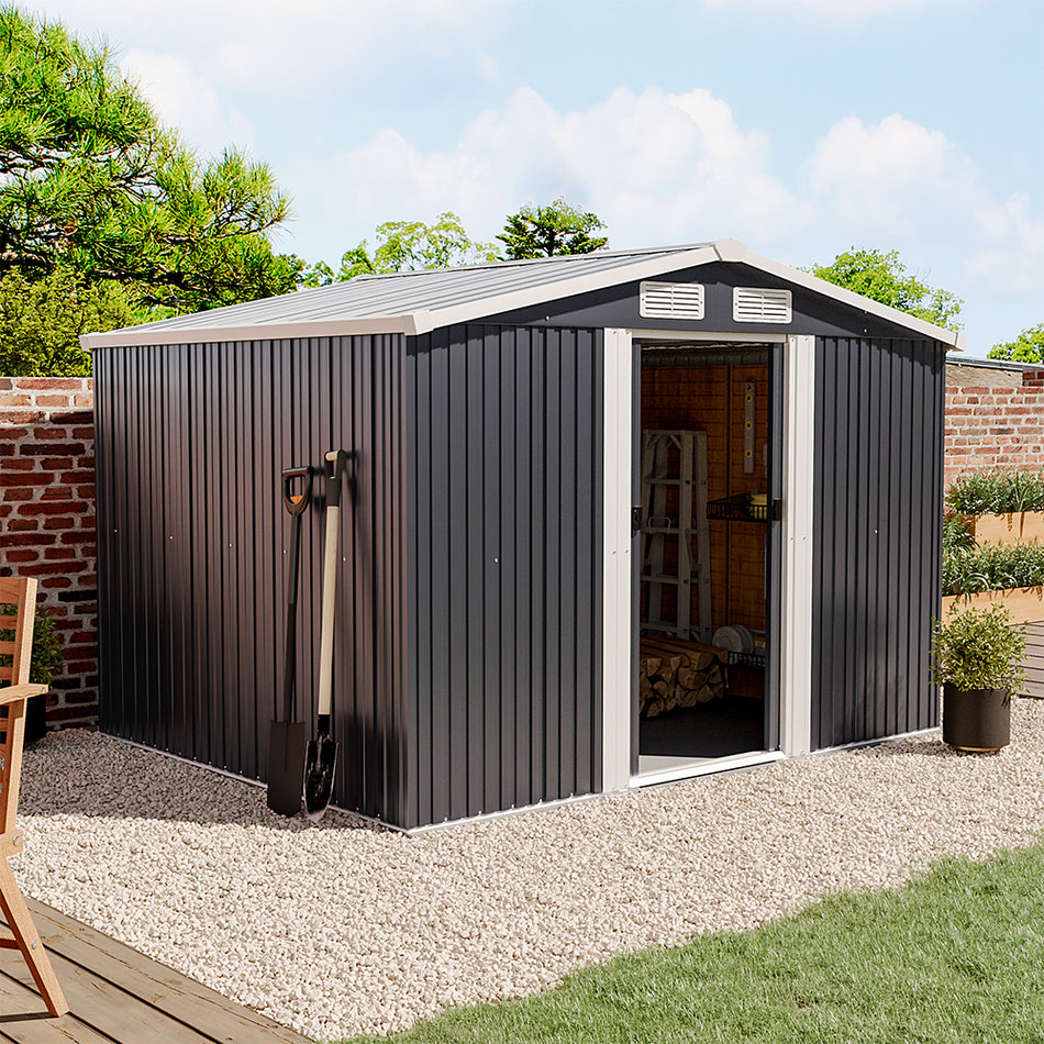 6x8ft Black Steel Garden Storage Shed with Gabled Roof Top