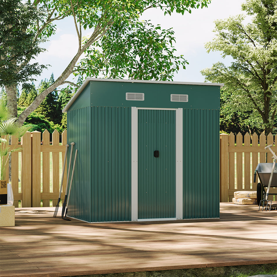 4x6ft Green Garden Metal Storage Tool Shed with Skillion Roof Top