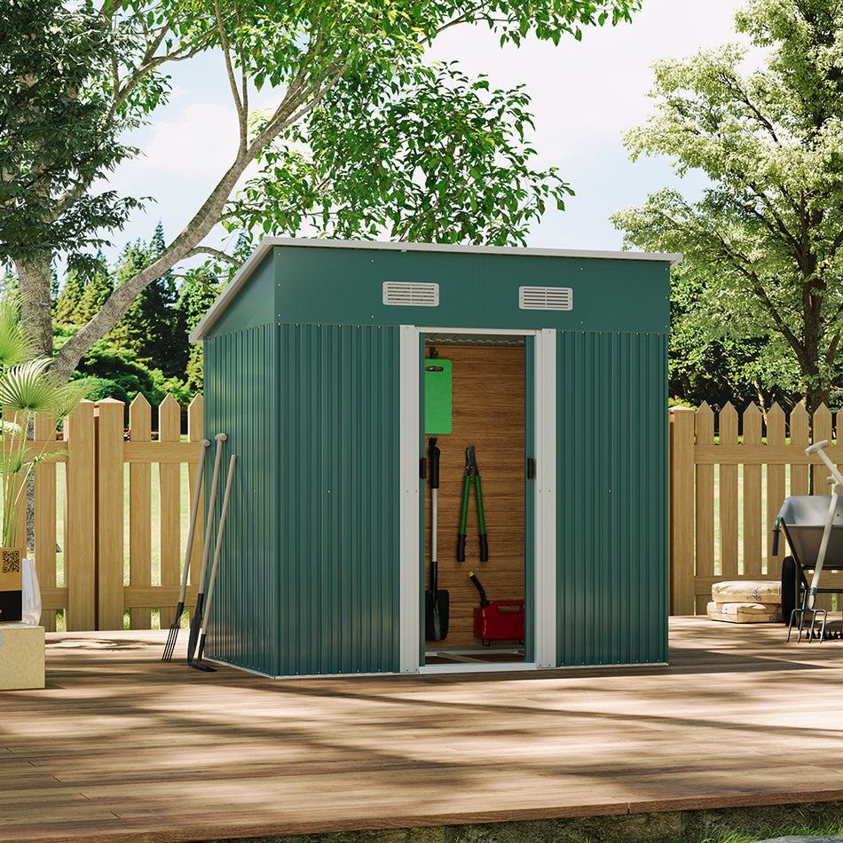 4x6ft Green Garden Metal Storage Tool Shed with Skillion Roof Top
