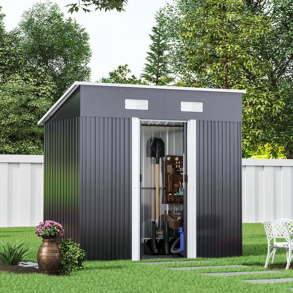 4x6ft Black Garden Steel Storage Shed with Sloped Top
