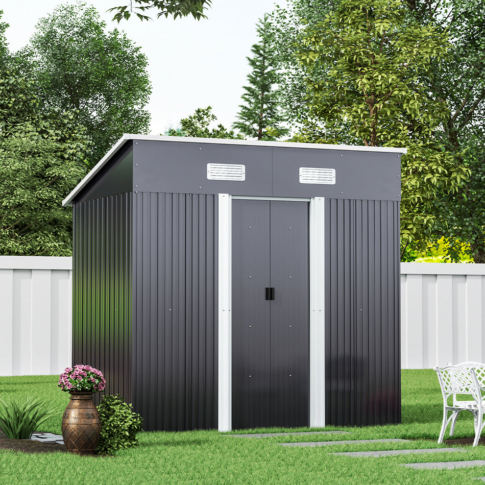 4x6ft Black Garden Steel Storage Shed with Sloped Top