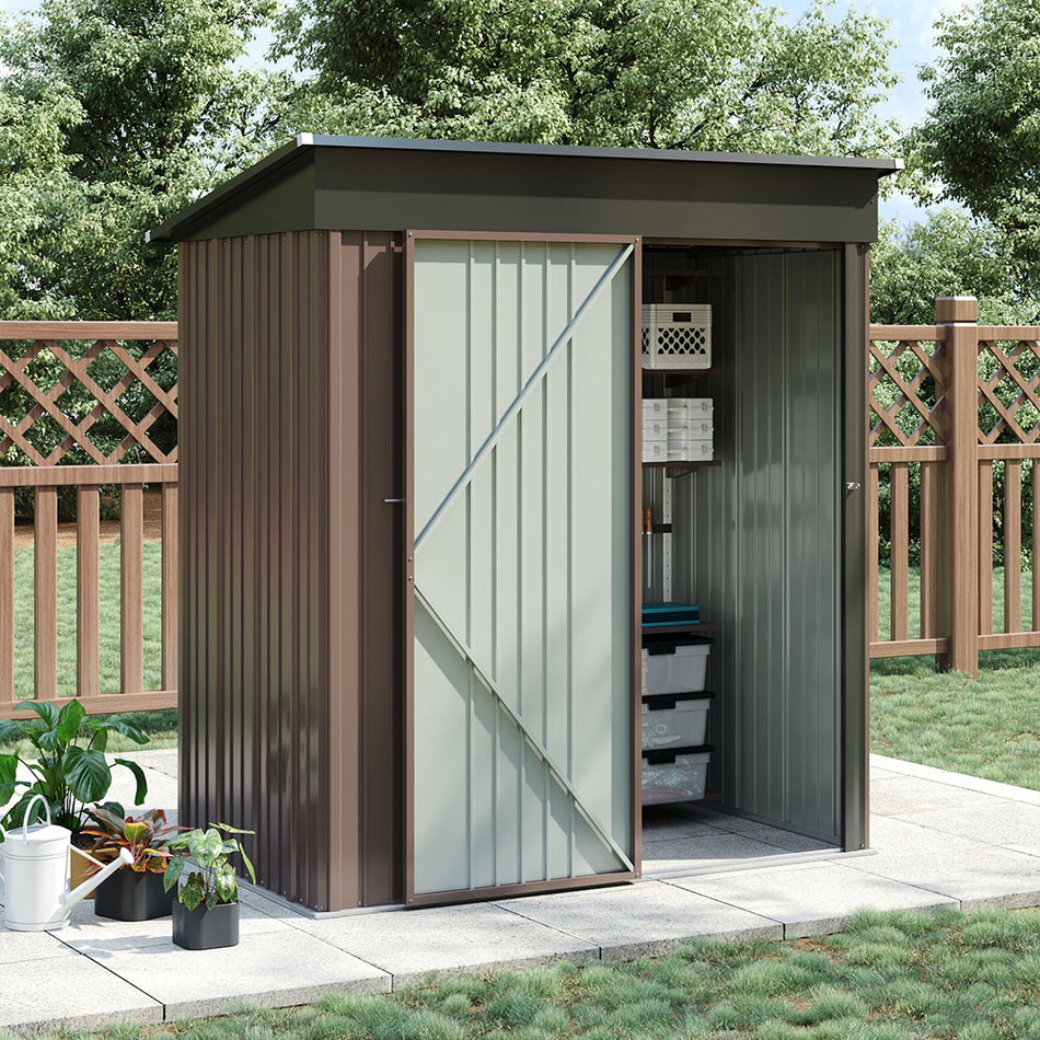 3x5ft Brown Metal Garden Storage Tool Shed with Lockable Door