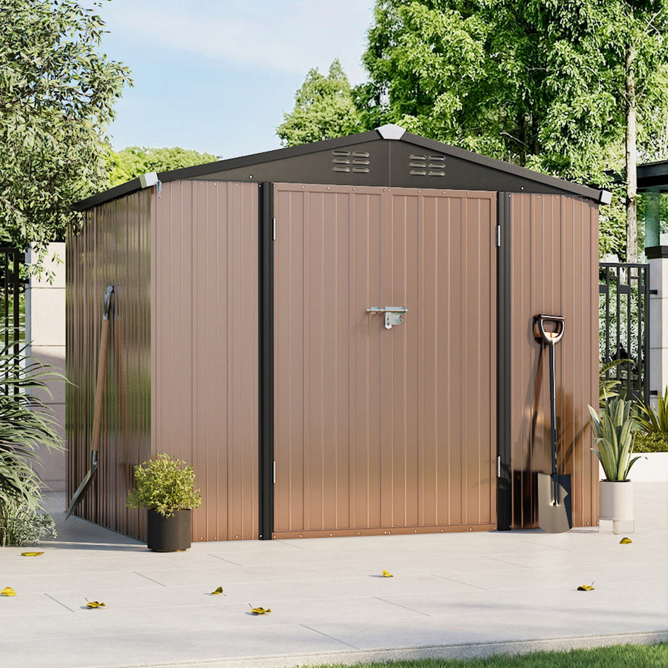 6x8ft Brown Large Galvanized Steel Lockable Apex Metal Shed