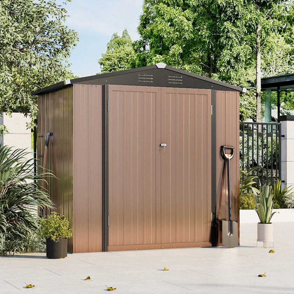 4x6ft Brown Steel Garden Tool Storage Shed with Gabled Roof Top