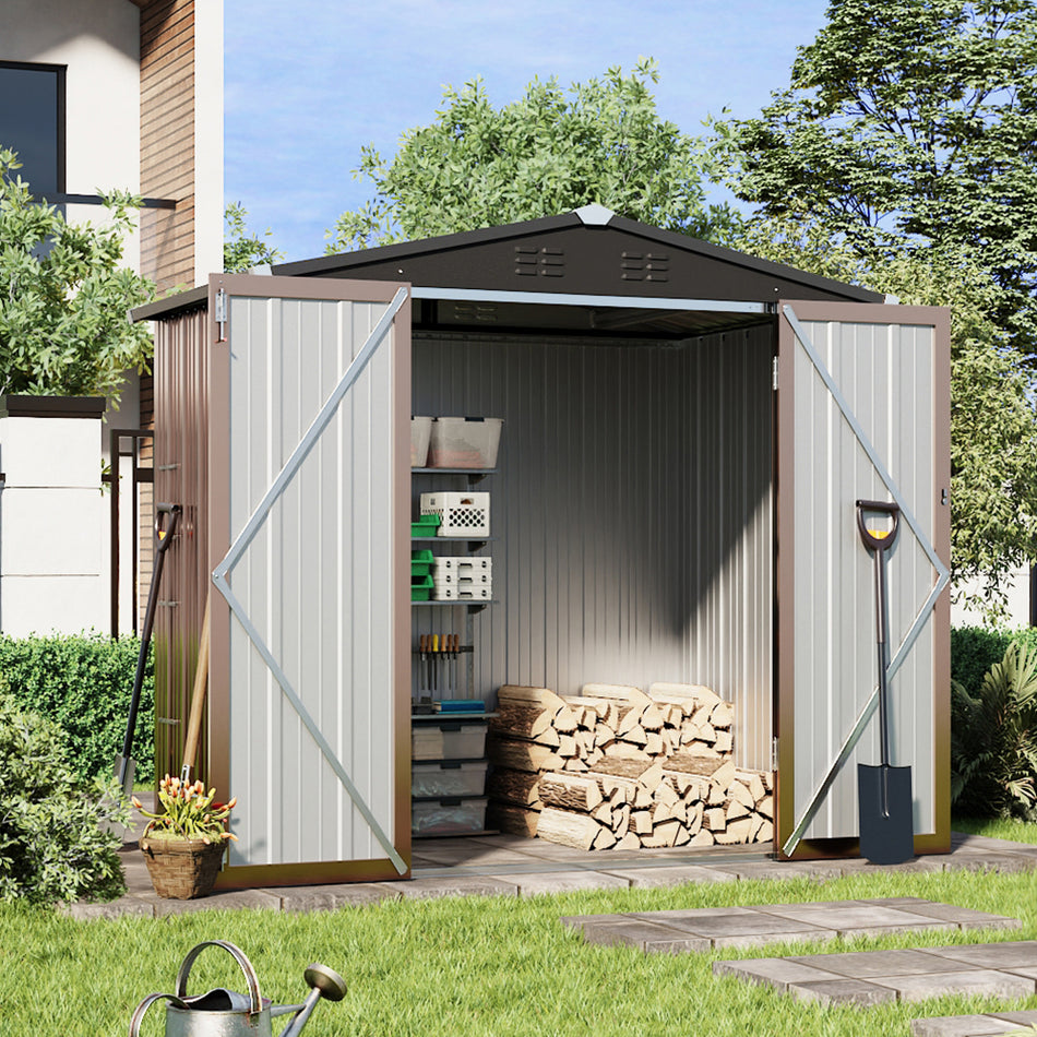 4x6ft Brown Steel Garden Tool Storage Shed with Gabled Roof Top