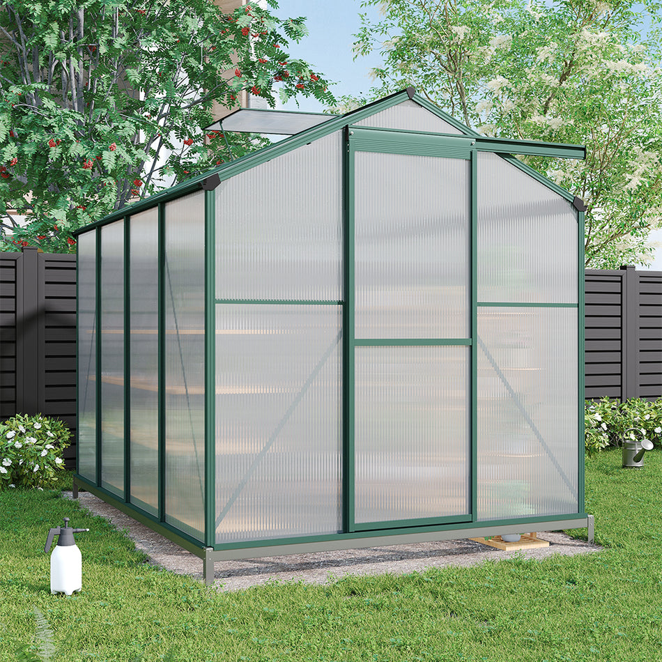 6x8ft Green Framed Aluminium Greenhouse with Window Opening and Base