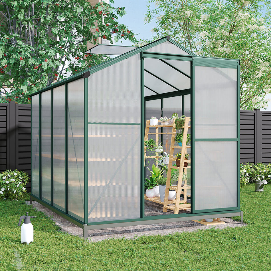 6x8ft Green Framed Aluminium Greenhouse with Window Opening and Base