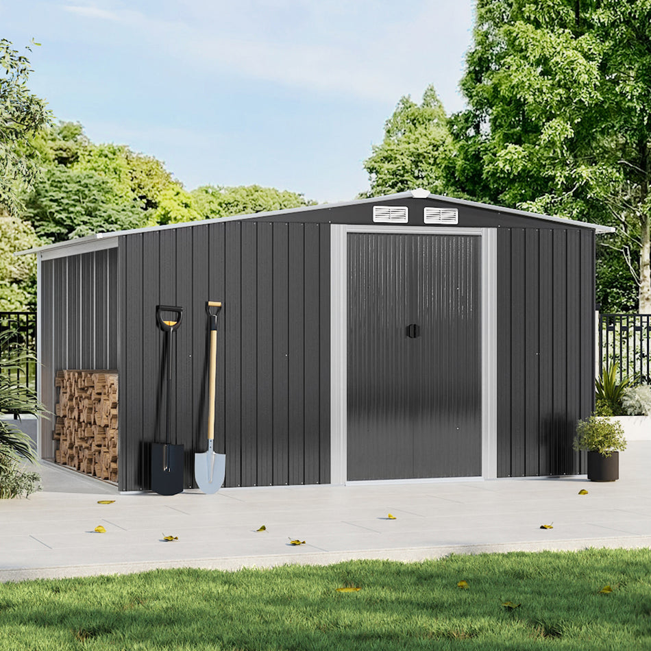 6x8ft Black Galvanized Steel Garden Storage Shed with Log Storage