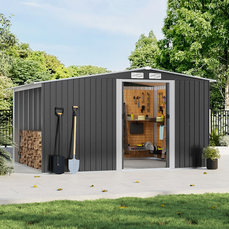 6x8ft Black Galvanized Steel Garden Storage Shed with Log Storage