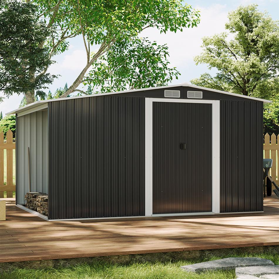 8x8ft Black Galvanized Steel Garden Storage Shed with Log Storage