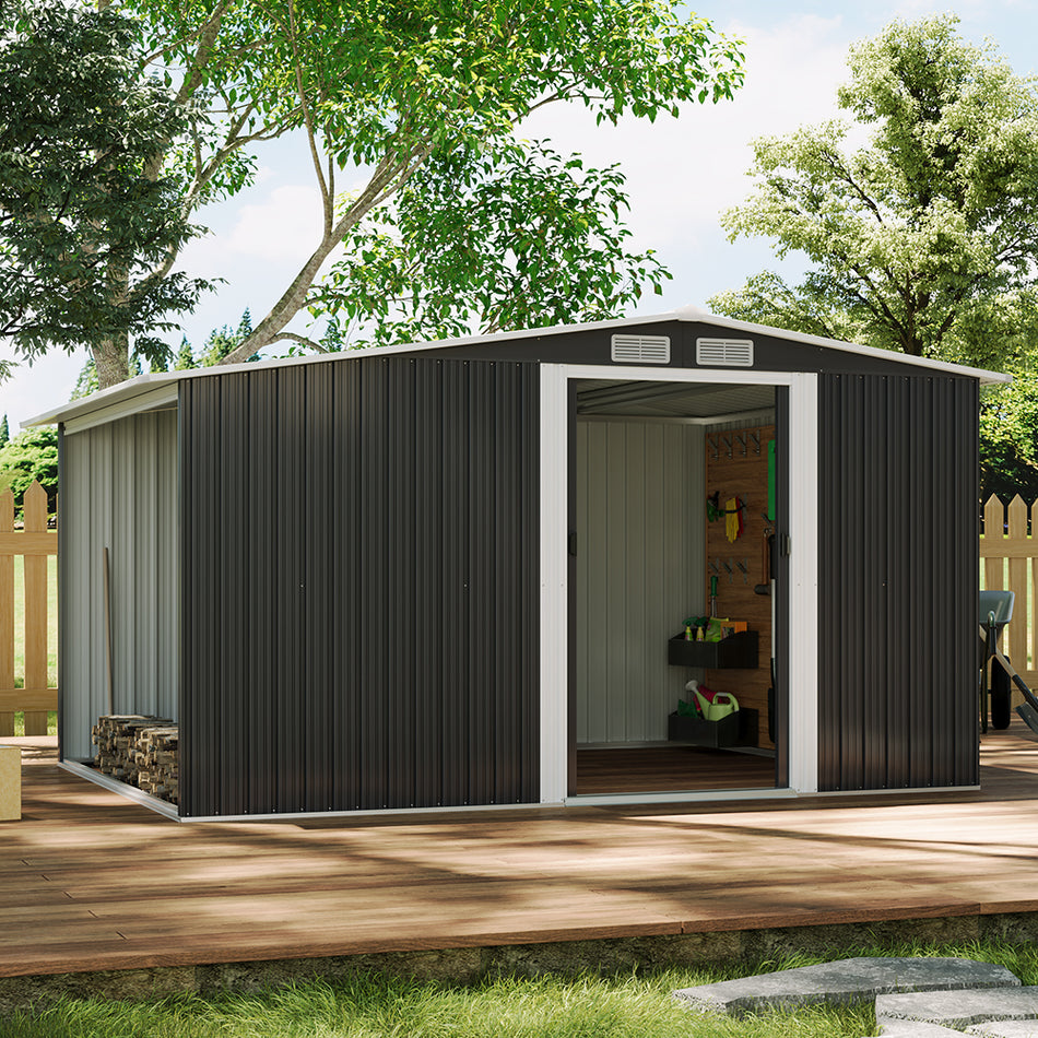 8x8ft Black Galvanized Steel Garden Storage Shed with Log Storage