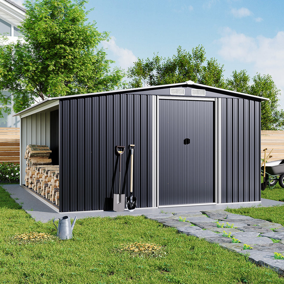 8x10ft Black Galvanized Steel Garden Storage Shed with Log Storage