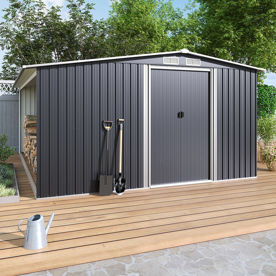 8x10ft Black Galvanized Steel Garden Storage Shed with Log Storage