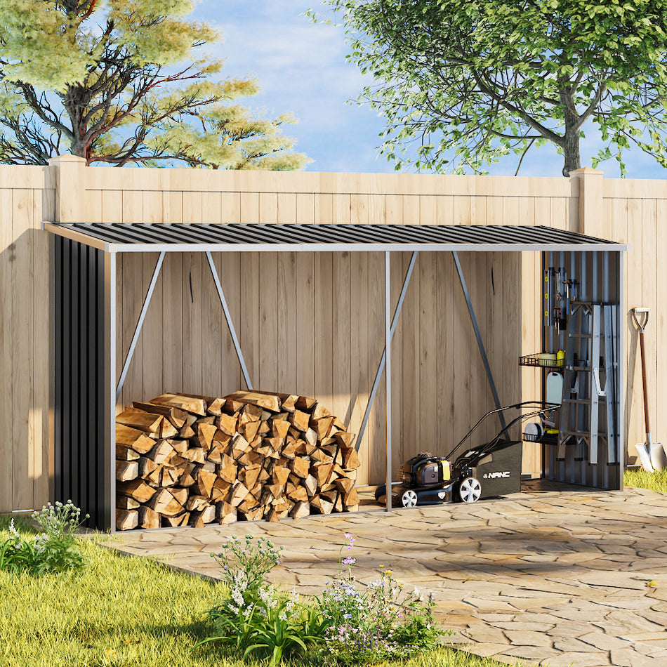 3x11ft Black Garden Zinc Steel Firewood Log Storage Shed