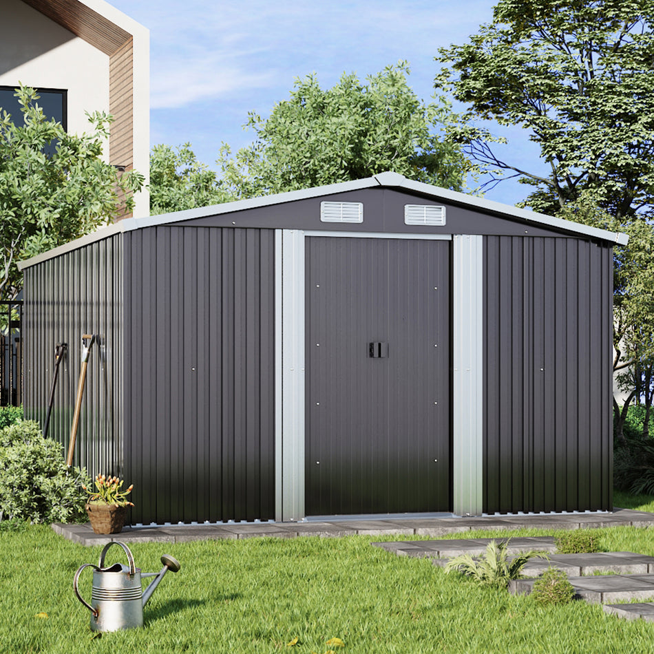 10x12ft Black Metal Garden Storage Shed with Gabled Roof Top