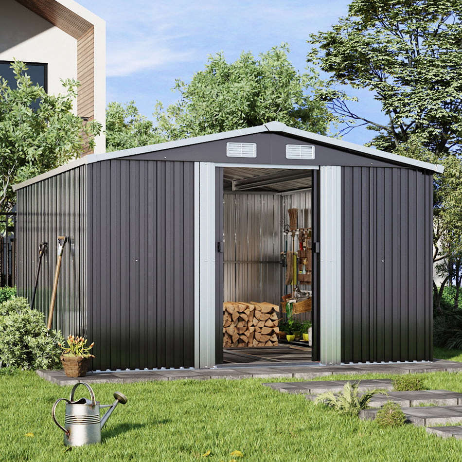 10x12ft Black Metal Garden Storage Shed with Gabled Roof Top