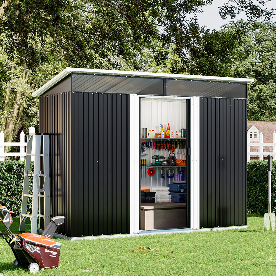 4x8ft Black Metal Garden Storage Shed with Lockable Sliding Doors