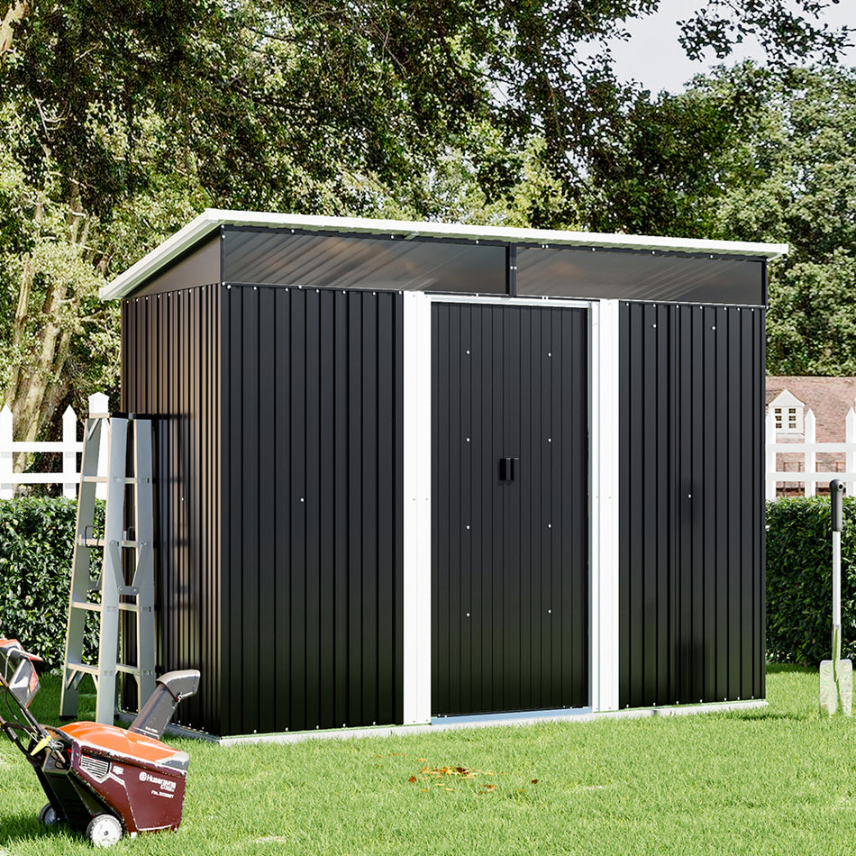 4x8ft Black Metal Garden Storage Shed with Lockable Sliding Doors