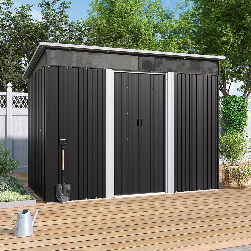 6x8ft Black Metal Garden Storage Shed with Lockable Sliding Doors