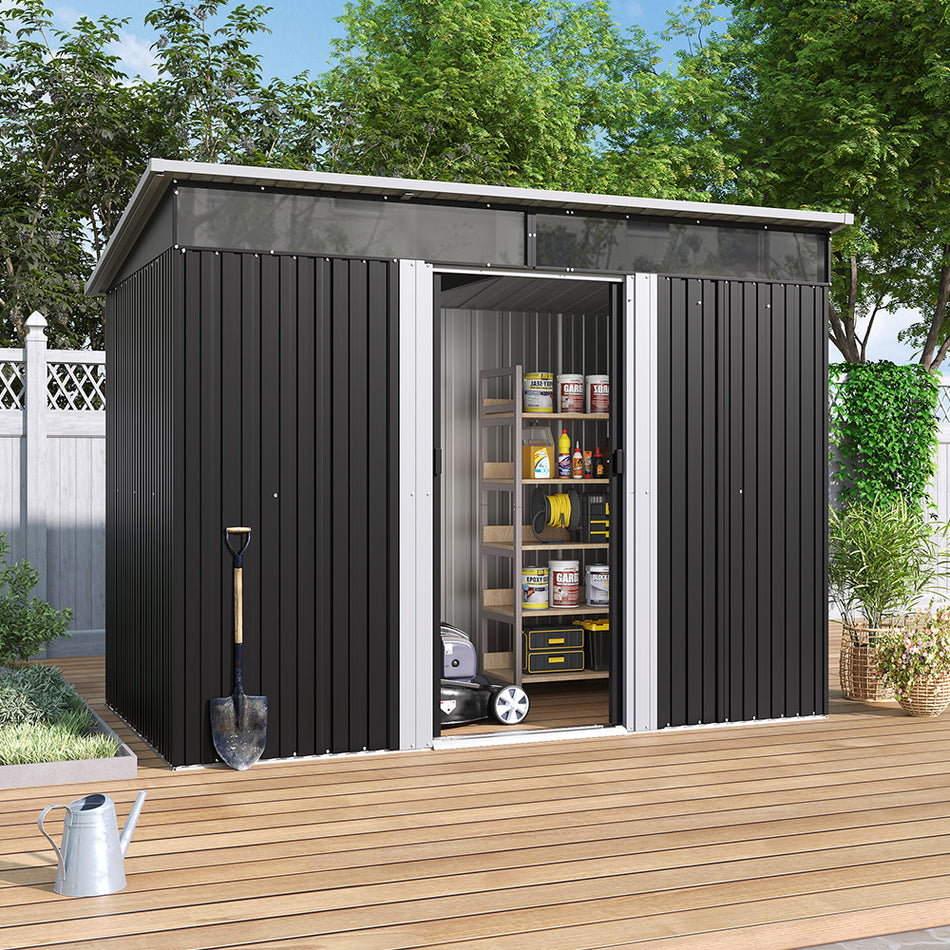 6x8ft Black Metal Garden Storage Shed with Lockable Sliding Doors