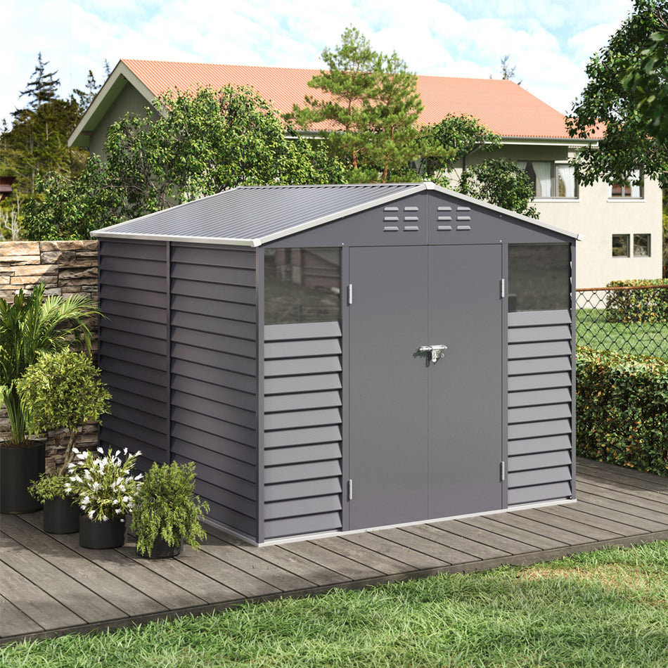 8x9ft Grey Double-Door Steel Tool Shed with Front Windows and Ventilation