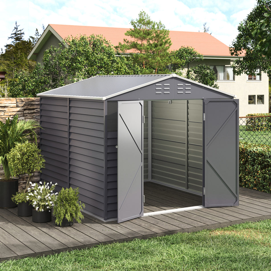 8x9ft Grey Double-Door Steel Tool Shed with Front Windows and Ventilation