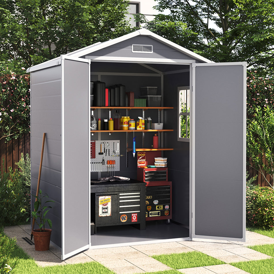 4x6ft Grey Garden Plastic Outdoor Storage Shed with Lockable Door