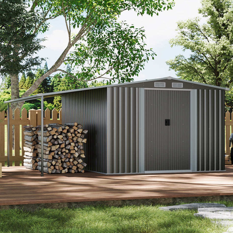 8x10ft Dark Grey Double Doors Galvanised Metal Tool Shed with Lean-to