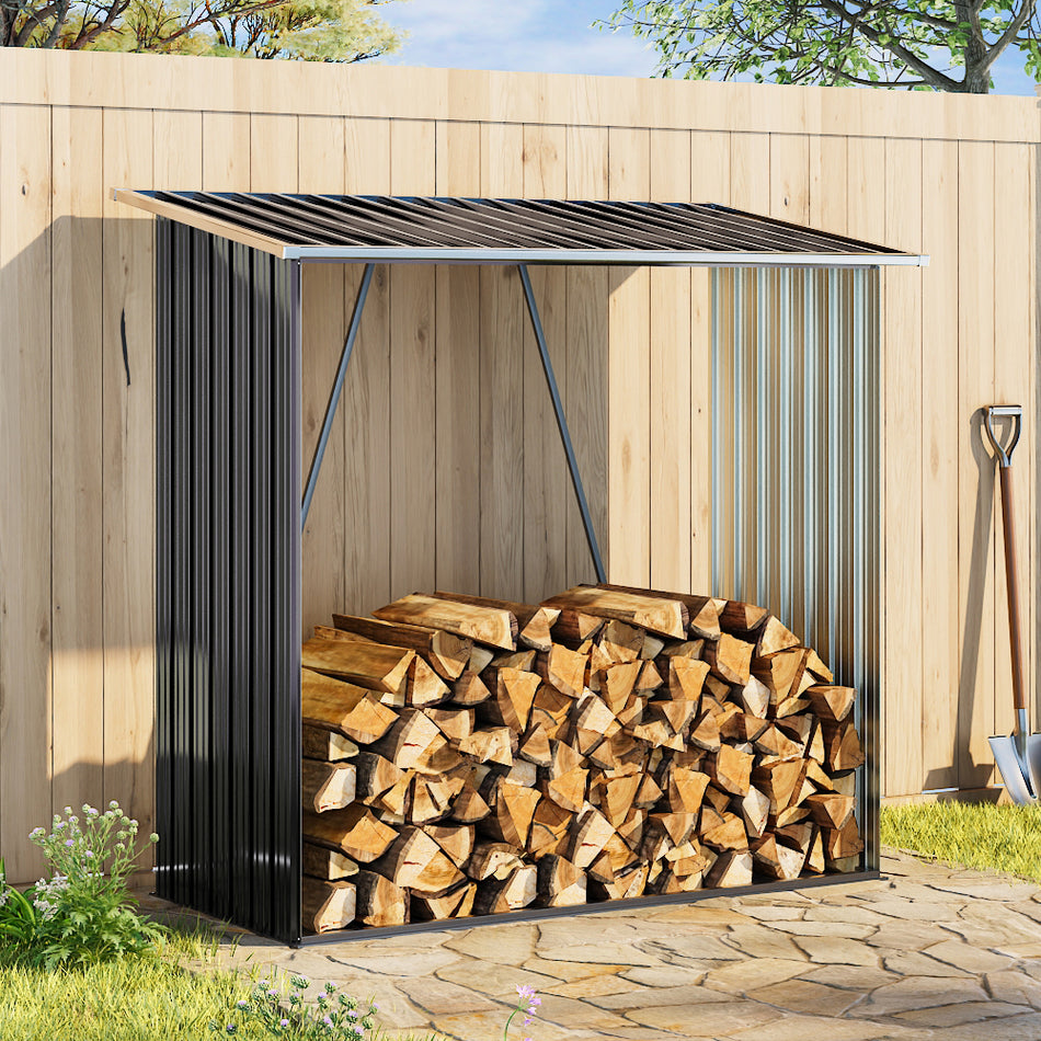 Grey Garden Outdoor Metal Firewood Log Storage Shed