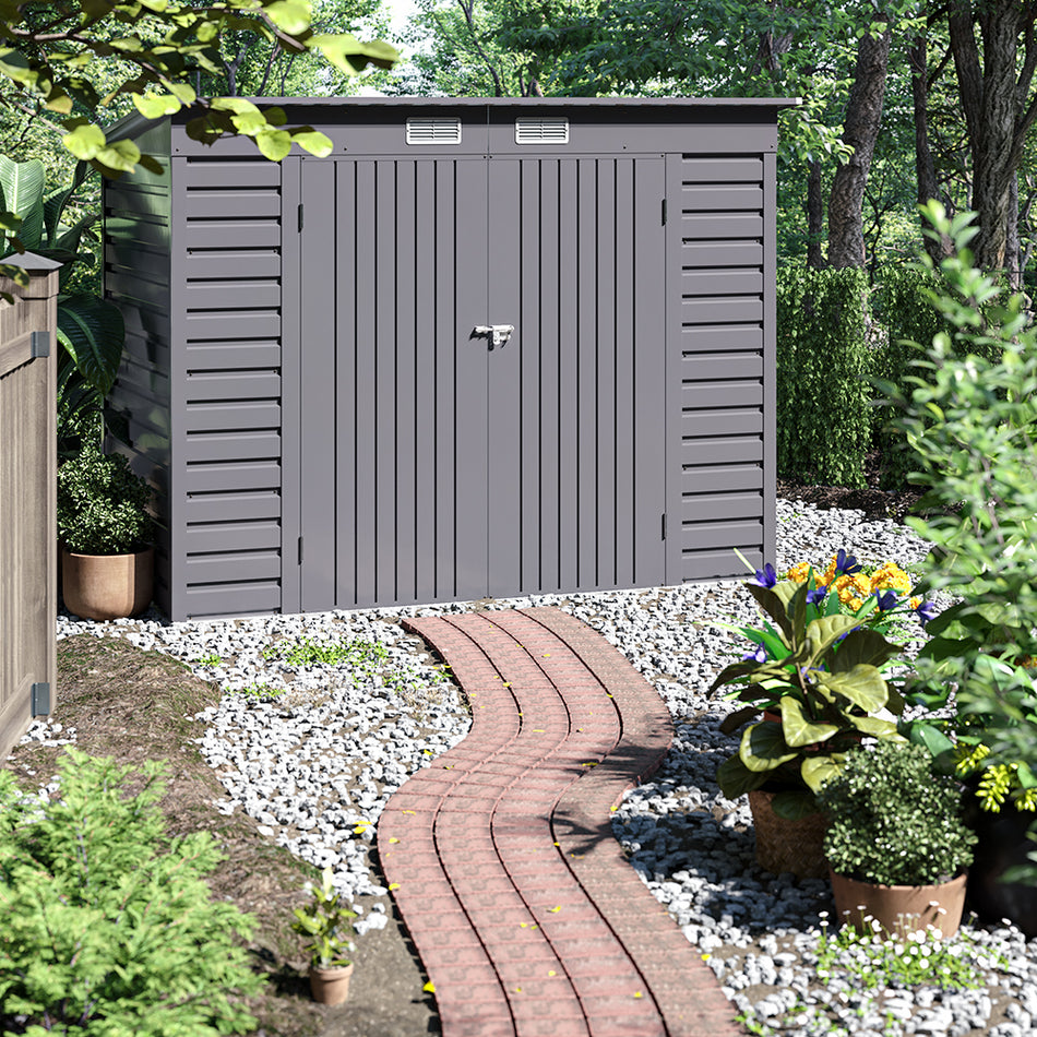 4x8ft Grey Outdoor Galvanized Steel Storage Shed with Dual Doors
