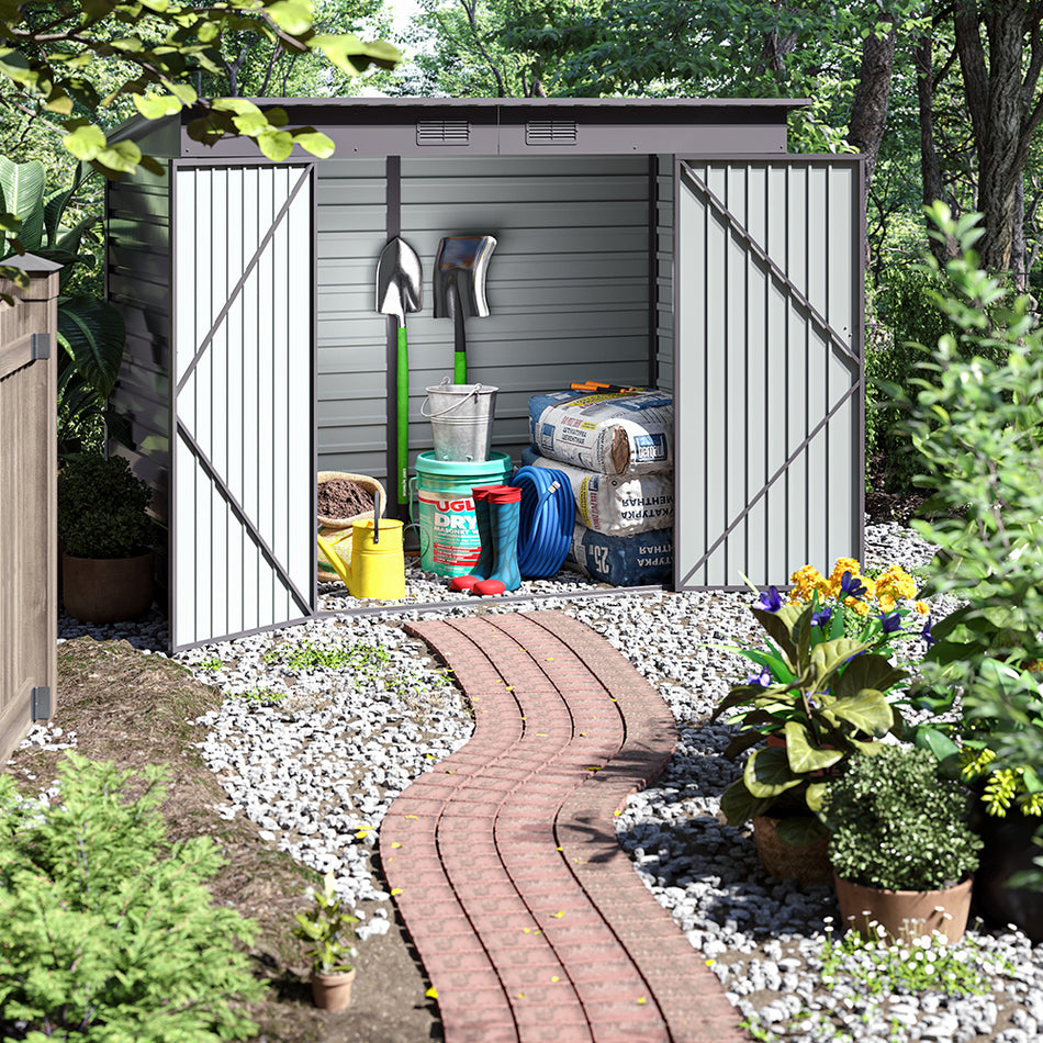 4x8ft Grey Outdoor Galvanized Steel Storage Shed with Dual Doors